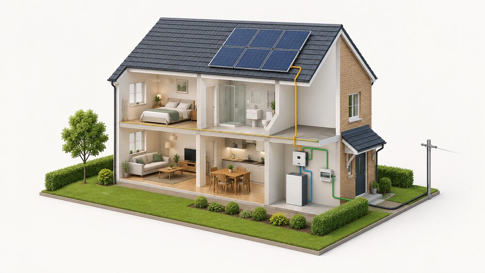 A cutaway UK house with solar panels on the roof, a wall-mounted home battery unit inside a garage or utility space, and cabling linking the panels, battery and household electrics, with a grid connection cable leaving the house.
