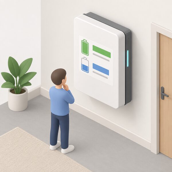 A wall-mounted home battery unit indoors with a plain capacity label on its front face, the label carrying blank lines and plain colour blocks instead of readable figures, beside a simplified isometric figure looking at it.
