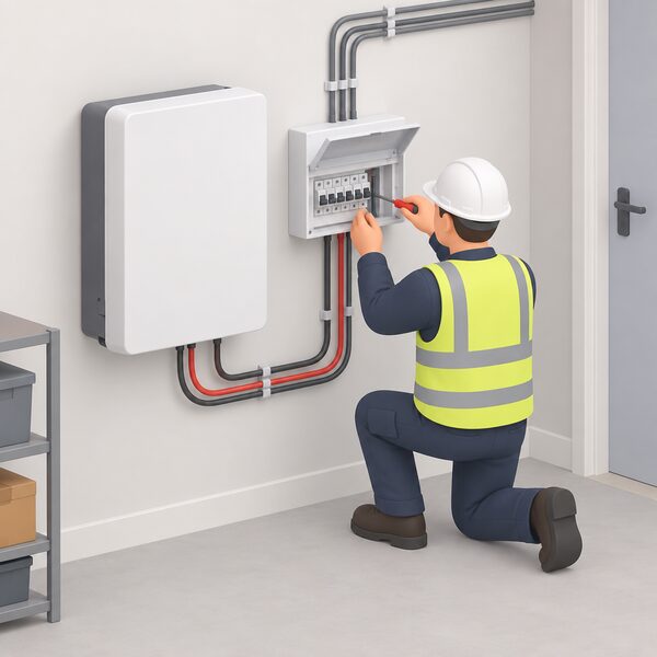 A qualified electrician kneels beside a wall-mounted home battery in a utility space, using a screwdriver to connect its wiring into a small consumer unit on the adjacent wall, with cables running between the battery, the unit and the household circuits.
