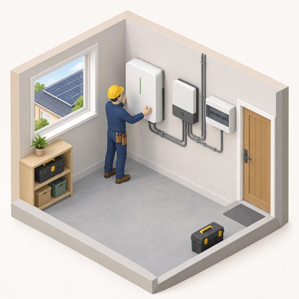 A small isometric figure of an installer fitting a wall-mounted domestic battery storage unit inside a home utility space, connected by cabling to an adjacent inverter and the household consumer unit, with existing rooftop solar panels visible through a window.