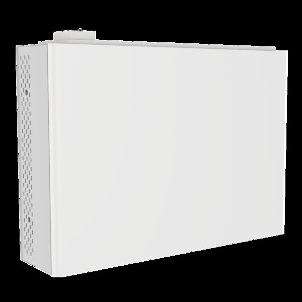 A plain white wall-mounted home battery storage unit shown at an angle against a white background