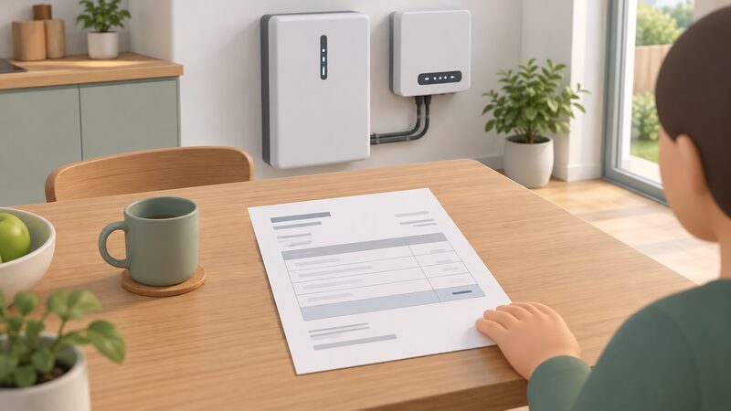 A printed VAT invoice for a battery installation lying on a kitchen table beside a wall-mounted battery and inverter, its VAT line shown as a plain blank band reading nil, with a simplified figure's hand resting on the paper.