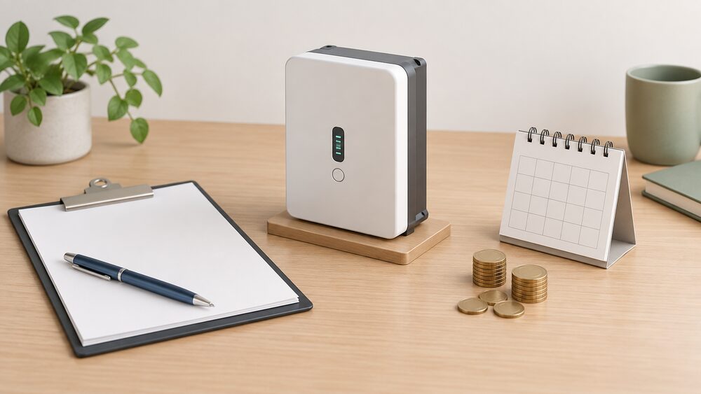 A wall-mounted home battery unit shown as a small model on a table beside blank quote paperwork, a clipboard with a pen, a small calendar and a few coins, suggesting the moment of weighing up an installation quote.