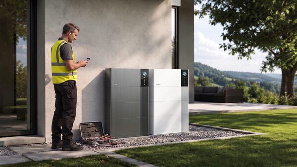 An installer in a hi-vis vest checks his phone beside two SAJ home battery storage units mounted on an outside wall of a modern house