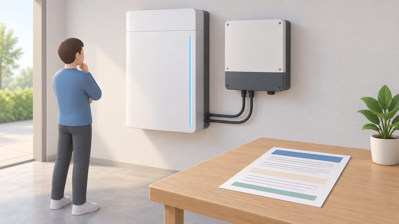 A wall-mounted home battery unit beside its inverter, with a printed warranty certificate laid on a nearby table showing plain blank lines and colour bands where the covered components and terms would be listed.