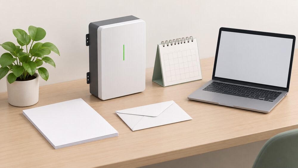 A small model of a wall-mounted home battery sits on a table beside blank warranty paperwork, a sealed envelope, a calendar and a laptop with a blank screen, arranged as the moment a household registers and checks the terms of a battery warranty.