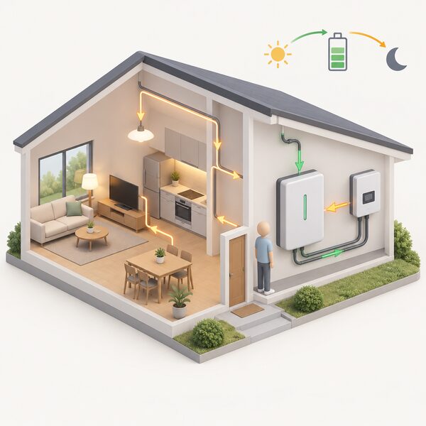 A cutaway home interior showing a wall-mounted home battery connected by cabling to a nearby inverter, with a simplified isometric figure beside it and arrows indicating energy flowing in to charge the battery and out to power the household, illustrating daily charge and discharge cycles.