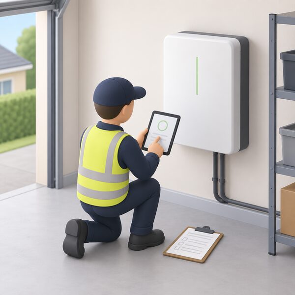 A simplified installer figure kneels beside a newly fitted home battery on a garage wall, using a handheld tablet to commission it, with a clipboard of handover paperwork resting nearby, capturing the moment the warranty clock starts.