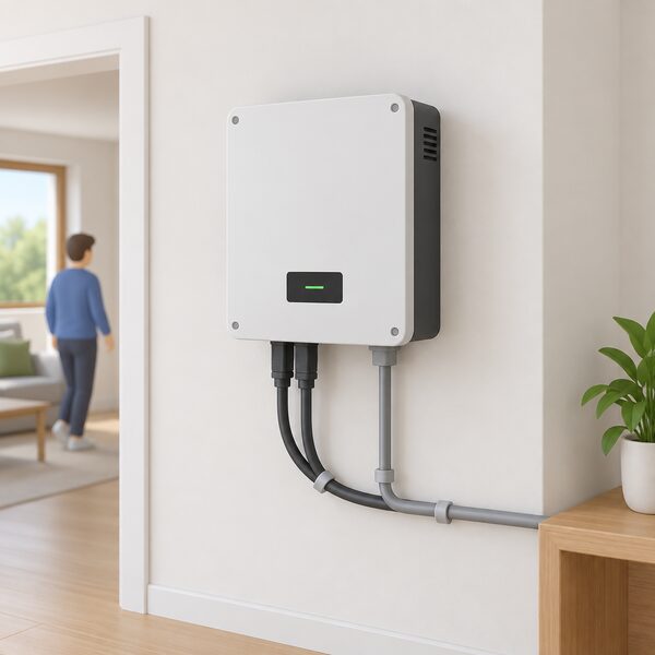 A small wall-mounted solar inverter box fixed to an indoor wall of a home, with simple cabling running from it, shown as the component carrying the shorter warranty in a domestic solar and battery setup.