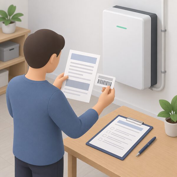 A householder's hand holds a proof-of-purchase sheet and a serial number label beside a wall-mounted home battery, with a claim form laid on a nearby table ready to be completed.