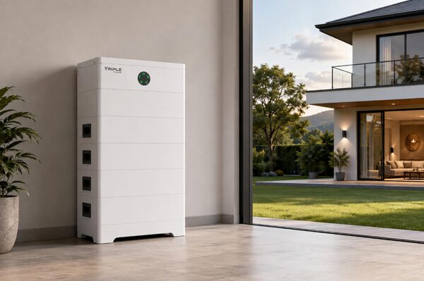 A white SolaX Triple Power home battery standing indoors next to a large window overlooking a modern house and garden