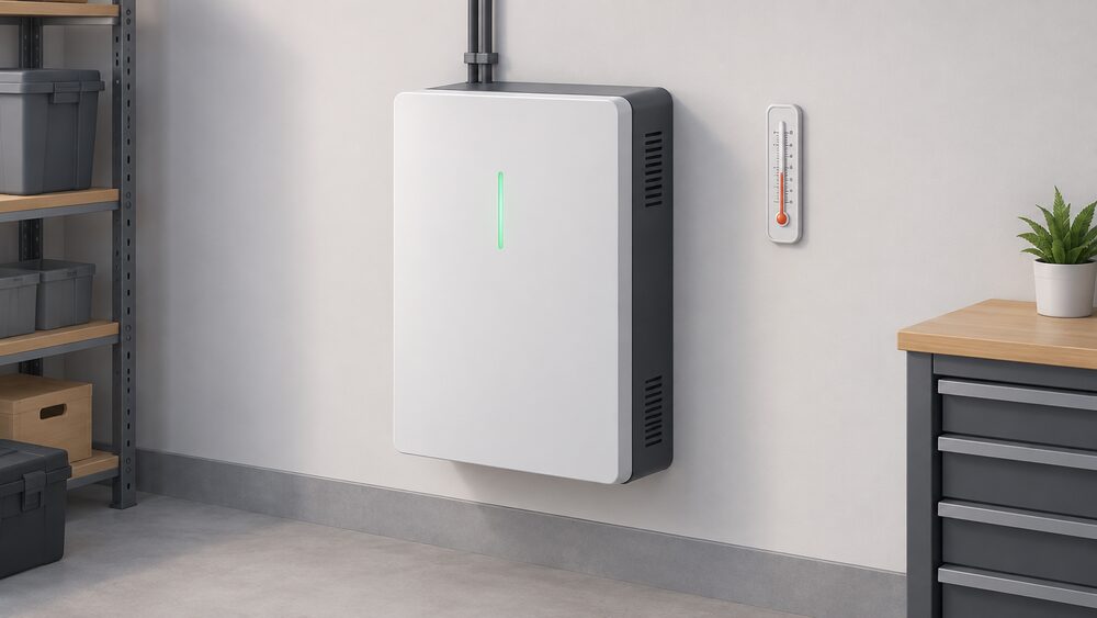A wall-mounted home battery unit in a garage or utility space, shown close up with its casing intact, standing beside a small wall thermometer and with clear space around it for ventilation.