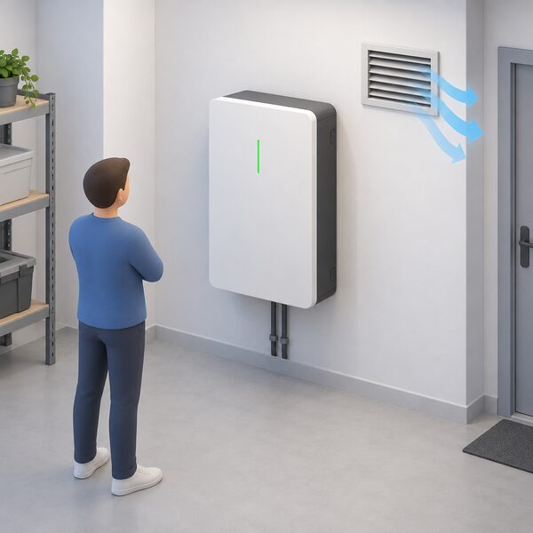 A wall-mounted home battery unit installed indoors in a cool, ventilated utility space, with clear air space around it and a vent or grille in the wall, shown as a tidy installation whose lifespan depends on staying cool.