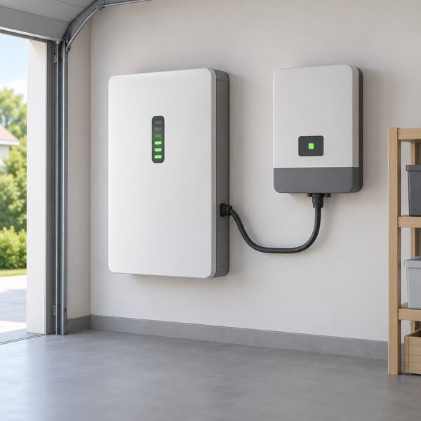 A wall-mounted home battery unit in a garage or utility space, shown with a simple charge-level indicator lit as it charges, connected by a cable to an inverter on the adjacent wall, with no people present.