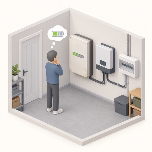 An older wall-mounted home battery unit still working indoors in a utility space, connected to an inverter and household electrics, with a simplified isometric figure of a householder standing beside it considering whether to keep or replace it.