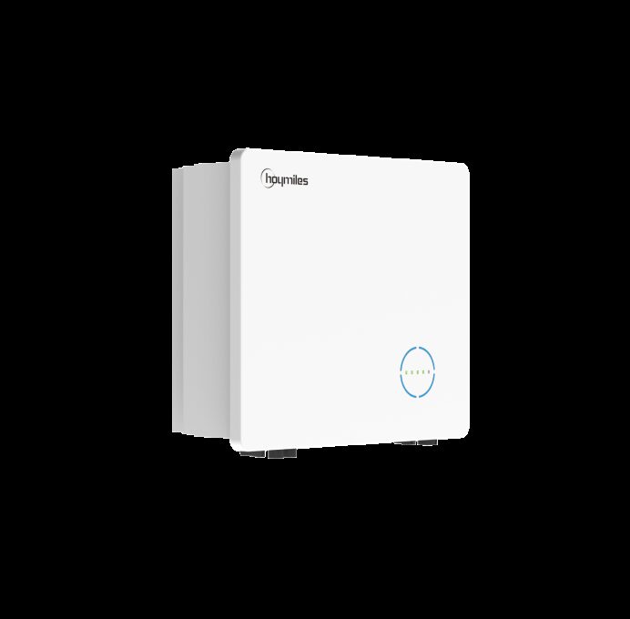 A white Hoymiles low-voltage home battery unit shown against a plain white background
