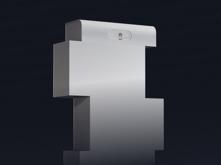 A Huawei LUNA2000 modular home battery stack with power module and expandable battery units on a dark background