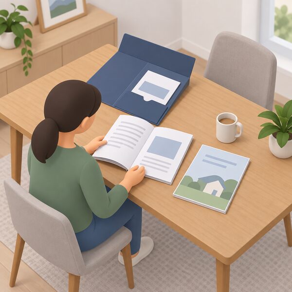A handover pack lying open on a table in a home, with a printed user manual and a Home User Guide as physical booklets, one small simplified figure of a homeowner leafing through the pages, content shown only as blank lines and plain blocks.
