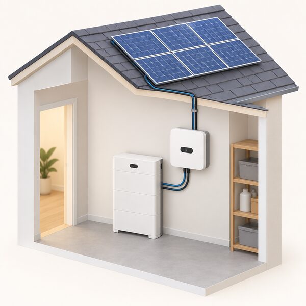 A LUNA2000 battery module standing on the floor of an indoor utility space beside a wall-mounted SUN2000 inverter, the two connected by cabling, with a simplified roof solar array shown feeding surplus power into the pair for storage and later use after dark.