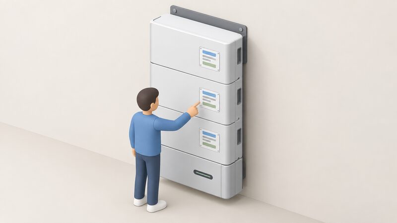 A close-up of a wall-mounted home battery stack with a small isometric figure pointing at the printed label on the battery module, the label shown as a plain white plate with blank line blocks and colour bands standing in for the model designation, serial number and capacity rating.