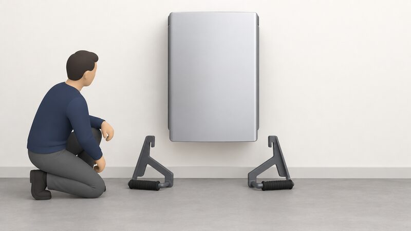 A matched pair of battery lifting handles, one shaped for the left side and one for the right, laid side by side on the floor beside a wall-mounted home battery unit, shown as reusable installation tooling rather than packaging waste.