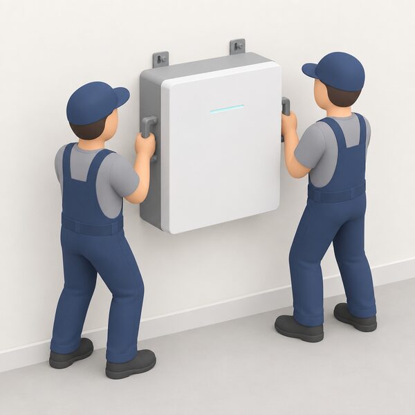 Two simplified fitters each gripping one of the battery's two side handles, left and right, lifting the wall-mounted home battery unit together and positioning it against an interior wall during installation.