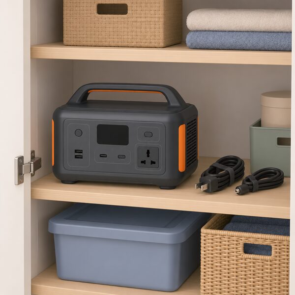 A portable power station sits switched off on a household cupboard shelf, idle between outages, with its cables neatly stored beside it and no charging connection attached.