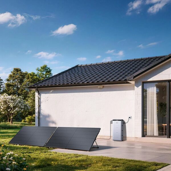A Jackery home battery unit mounted on the wall of a house with two portable solar panels on the lawn outside