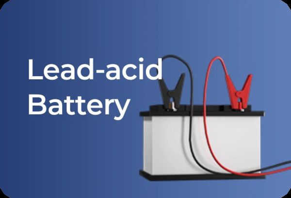 A lead-acid battery with red and black crocodile clip cables on a blue background with the text 'Lead-acid Battery'