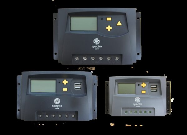 Three Marlec Spectra solar charge controllers with LCD displays and connection terminals on a white background