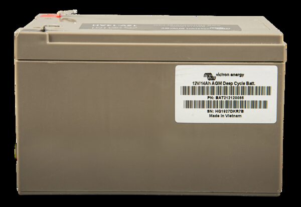 A Victron Energy 12V/14Ah AGM deep cycle battery shown from the back with its label and terminals