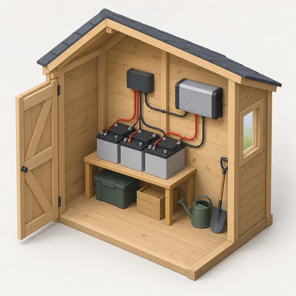 A small lead-acid battery bank of a few batteries on a shelf in a simple occasional-use building, wired to a basic charge controller and inverter with plain cables, with no phone, screen or network device anywhere in the scene.