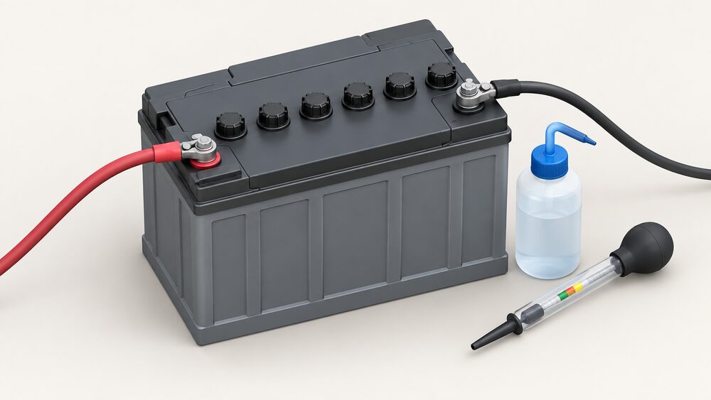 A single flooded lead-acid deep-cycle battery shown close up and centred, its row of vent caps on top, thick red and black cables bolted to the terminals, with a battery hydrometer and a distilled water bottle resting beside it for topping up.