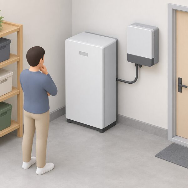 A single floor-standing home battery cabinet in a plain utility corner of a house, drawn as a simple product view with a smooth unbranded enclosure, a small blank badge plate and a cable running to an adjacent inverter, with no readable labels or markings anywhere.