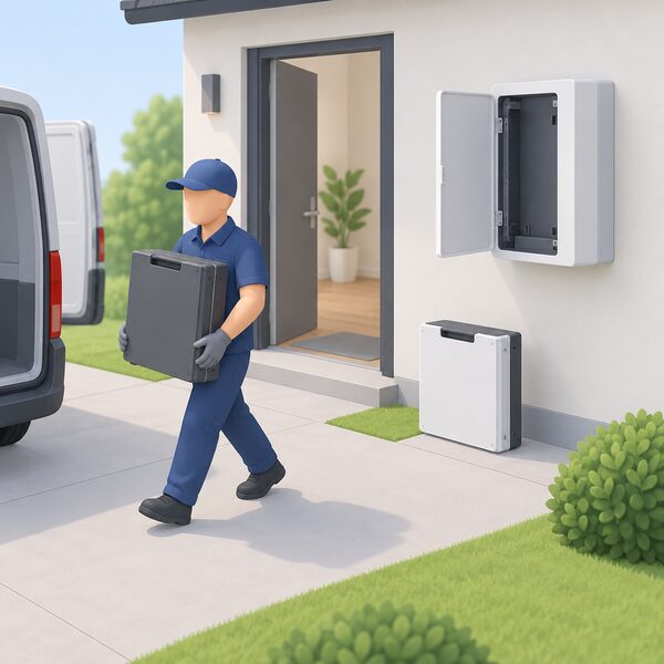 A technician at a home carries an old battery module away while a new replacement module sits ready to be installed in the wall-mounted battery enclosure, showing the free replacement and removal remedy.