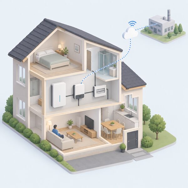 A cutaway isometric house with a wall-mounted home battery indoors connected by cabling to a nearby inverter, which links onward to the consumer unit and a signal path to a distant manufacturer point, showing the household's reliance on the maker and the inverter link.