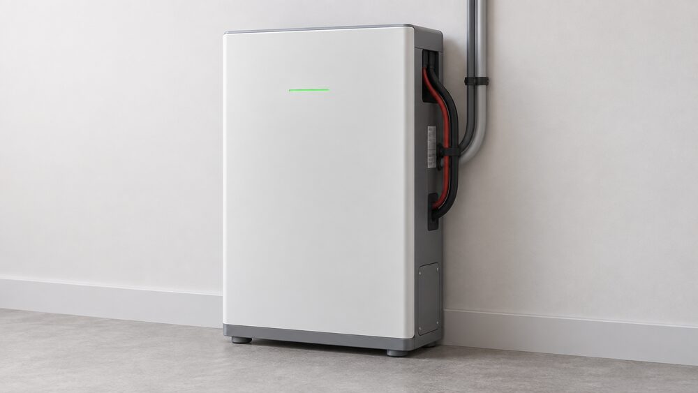 A close-up of a domestic LG RESU home battery unit standing against a plain wall, its right-hand side serial number label partly obscured by battery cables and conduit, with the access cover at the bottom right closed and intact, and no dismantling attempted.