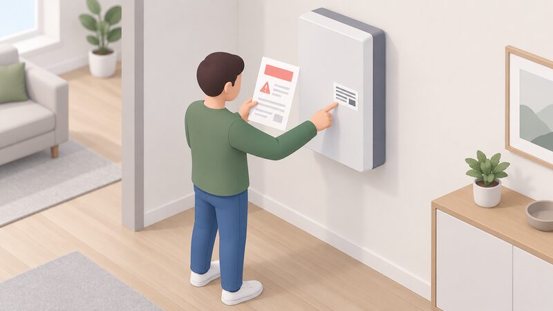 A homeowner stands beside a wall-mounted home battery indoors, holding a printed recall notice in one hand while pointing with the other to the serial number label on the battery unit, comparing the two.