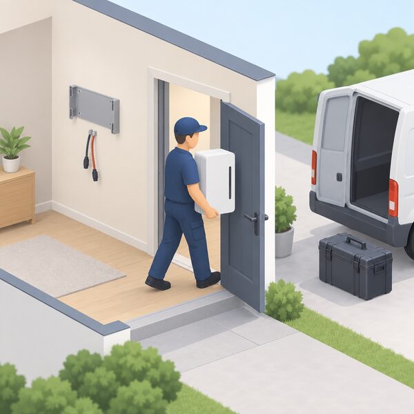 A technician in plain work clothing carrying a wall-mounted home battery unit out through the doorway of a house, with the empty mounting bracket and disconnected wiring left on the wall and a removal case waiting beside a van outside.