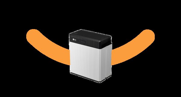 An LG Chem RESU home battery unit on a white background with an orange swoosh graphic behind it
