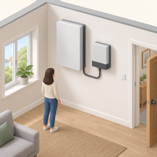 A plain rectangular wall-mounted home battery unit fixed high on an interior wall of a UK home, with a cable running from it to a nearby inverter, shown in a simple cutaway room with no branding or text.