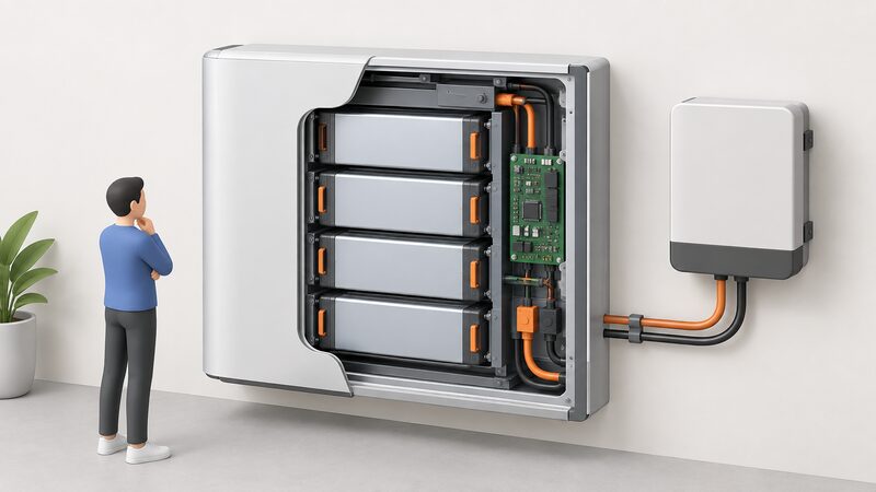 A cutaway diagram of a wall-mounted RESU home battery cabinet showing stacked lithium-ion cell modules inside, an integrated battery management system board, and connection points leading to an inverter.