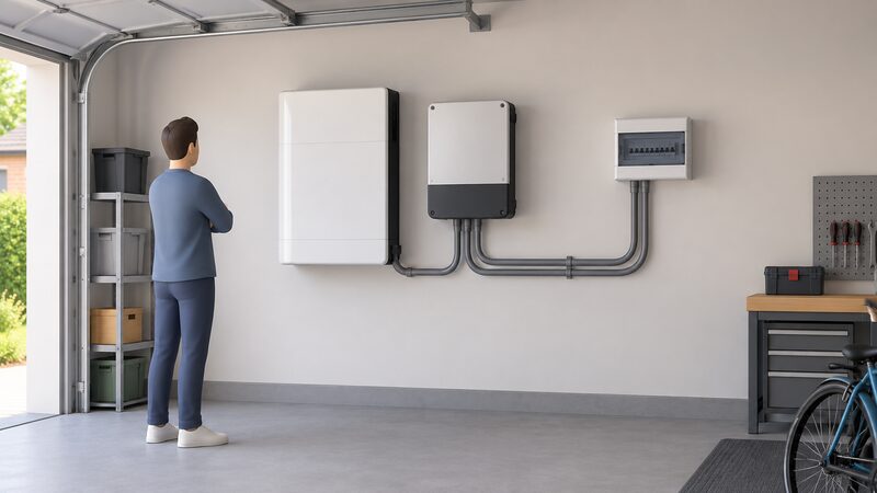 A wall-mounted LG RESU home battery unit in a garage beside a hybrid inverter, with conduit running from the equipment to a consumer unit on the same wall.