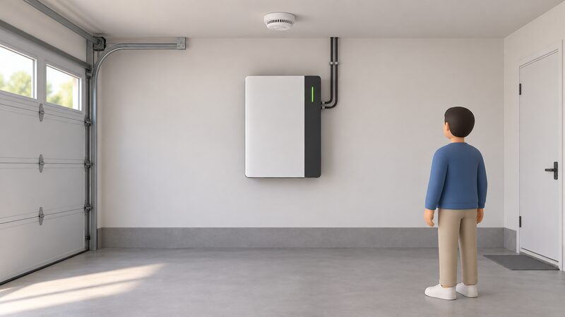 A wall-mounted lithium-ion home battery fixed high on a plain garage wall with clear empty space around it, a smoke alarm on the ceiling above, and no items leaning against or stored beneath it.