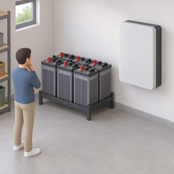 A vented lead-acid battery bank standing beside a single wall-mounted lithium-ion home battery unit, both shown side by side indoors so the cheaper lead-acid option and the pricier lithium-ion unit can be compared directly.
