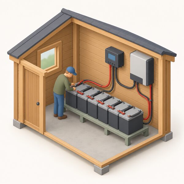 A large heavy bank of lead-acid batteries wired in series on a low stand inside a simple shed, connected by thick cables to a charge controller and inverter mounted on the shed wall, with a small isometric figure inspecting the terminals.