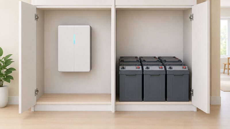 A cutaway side-by-side comparison in a home cupboard showing one compact wall-mounted lithium-ion battery module on the left and a much larger bank of bulky lead-acid batteries filling the same footprint on the right, both of equal nominal capacity.
