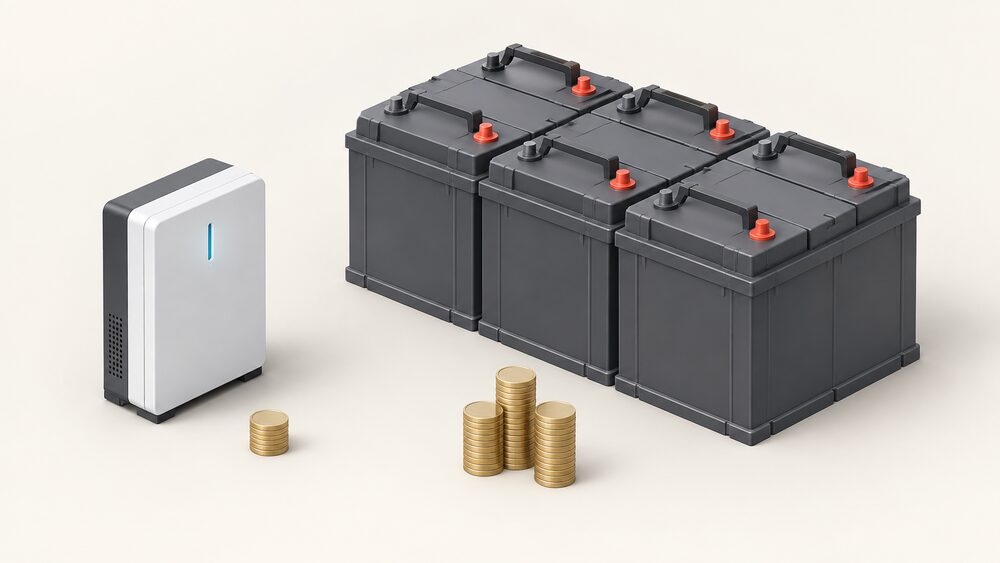 A compact modern lithium-ion home battery unit standing beside a much larger, bulkier bank of lead-acid batteries of comparable storage capacity, with a small stack of coins in front suggesting the price difference between the two.