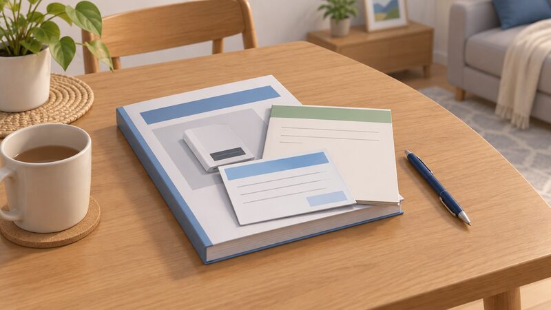 A warranty card and a commissioning logbook lie flat on top of a closed inverter installation manual, all three stacked on a domestic table beside a pen, with no readable text anywhere on their covers or pages.