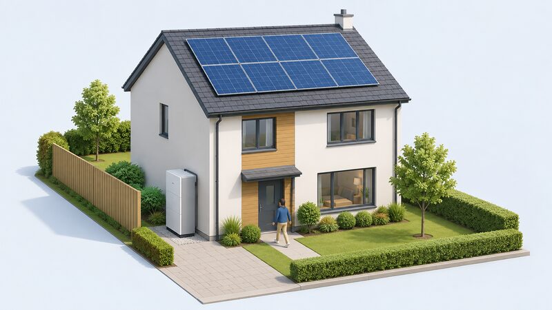 A detached house seen from outside with rooftop solar panels on the roof and a battery storage cabinet mounted at the side of the property, shown as a simple illustrative scene.
